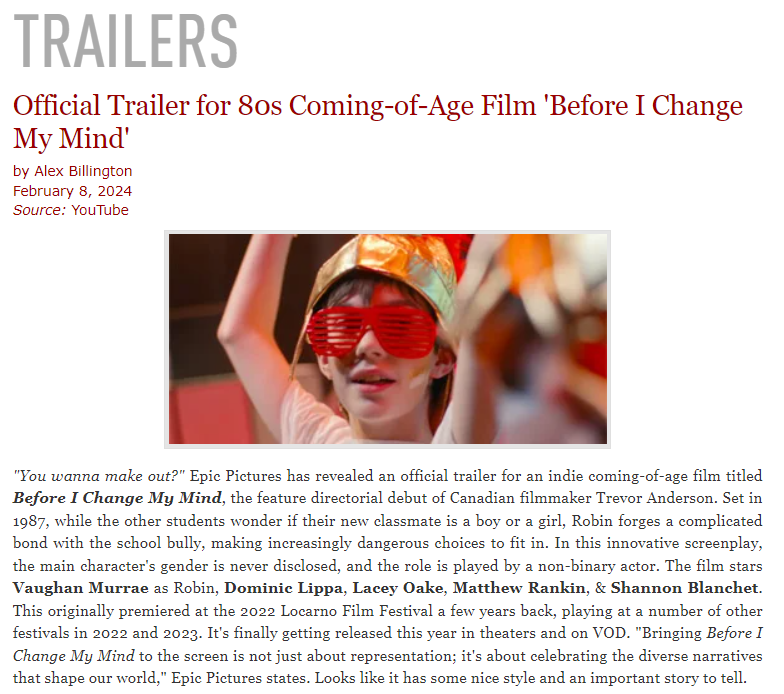 Official Trailer for 80s Coming-of-Age Film 'Before I Change My Mind'